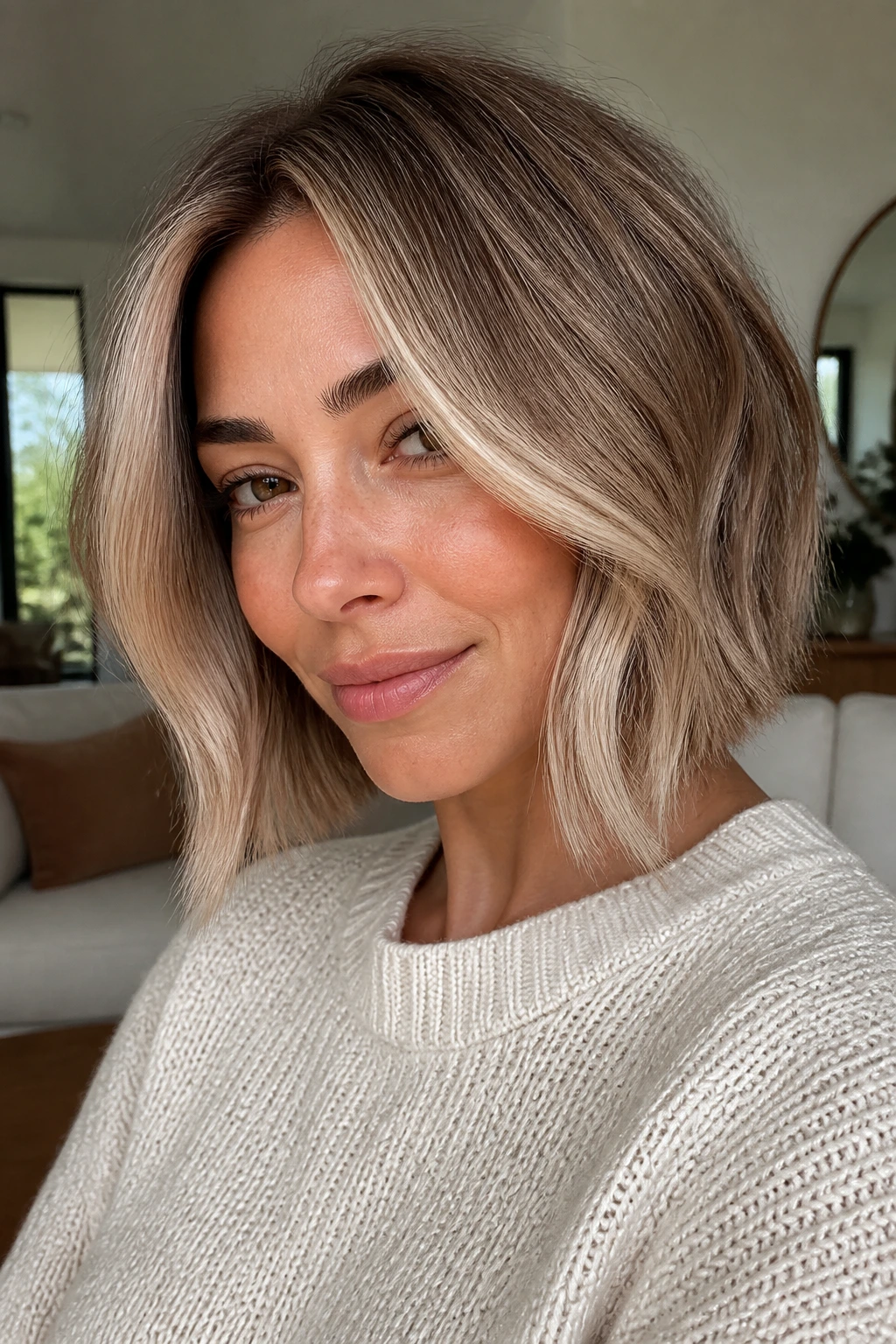 Portrait of a real woman with beige bronde heavy face frame in daylight
