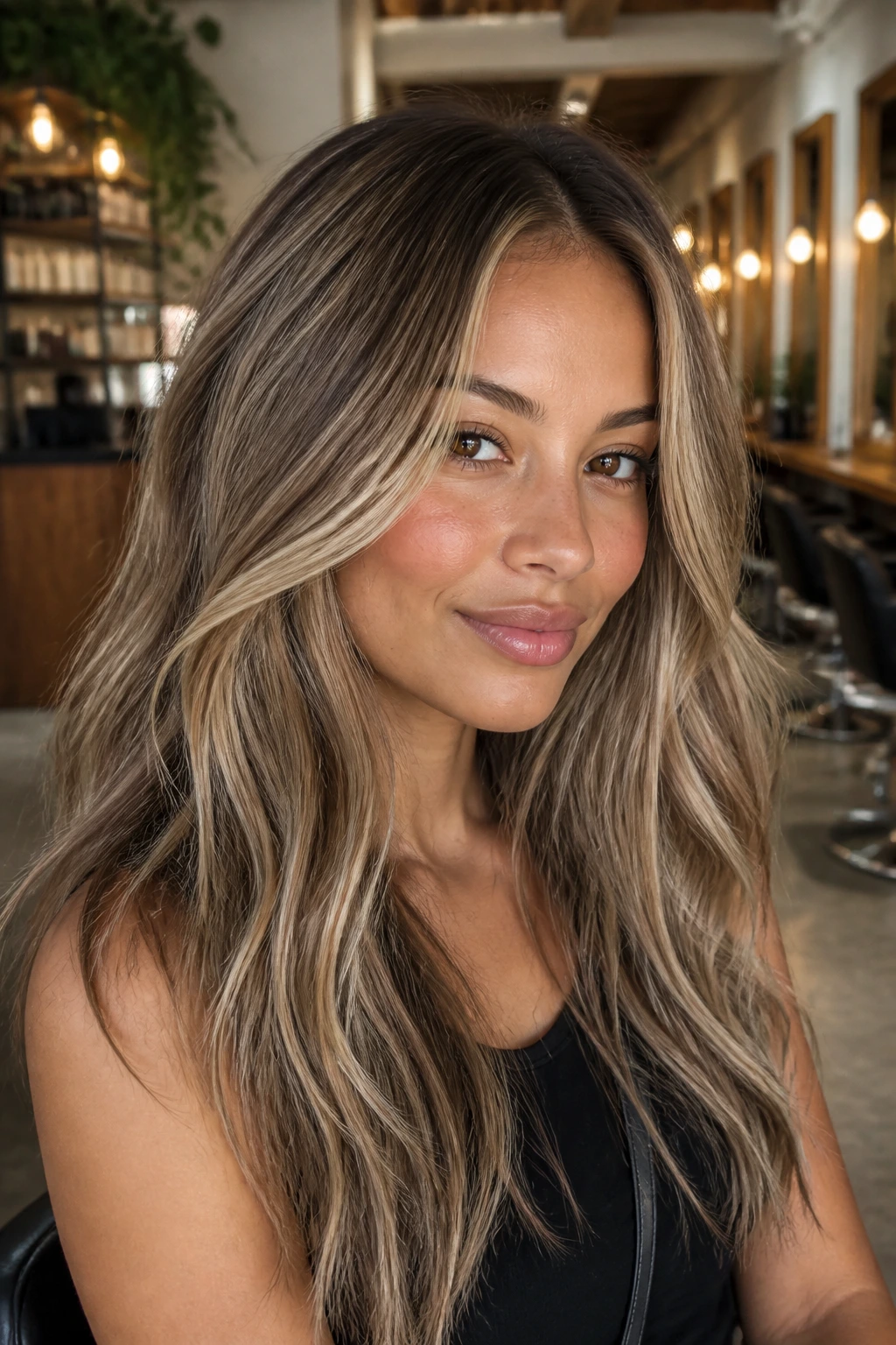 Beige bronde with ribbon highlights on a real woman, close-up salon portrait