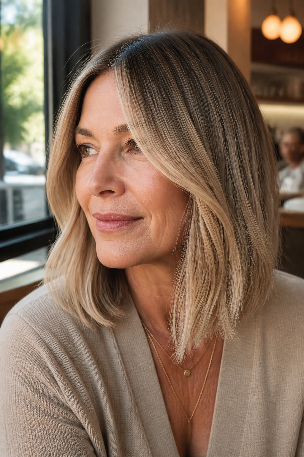 Beige bronde lob on a real woman with a soft, natural color transition.