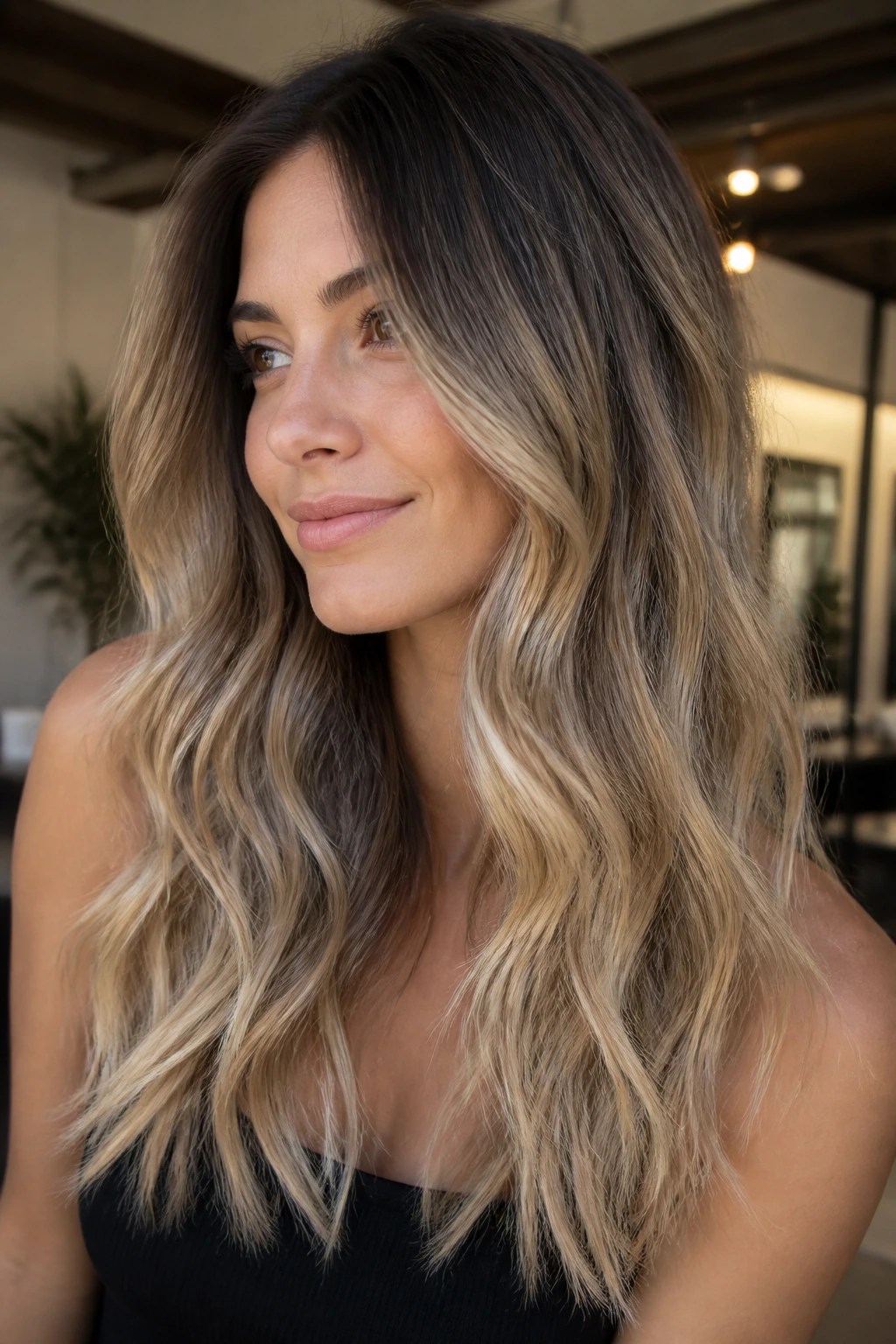 Close-up of real woman with beige bronde melt hair