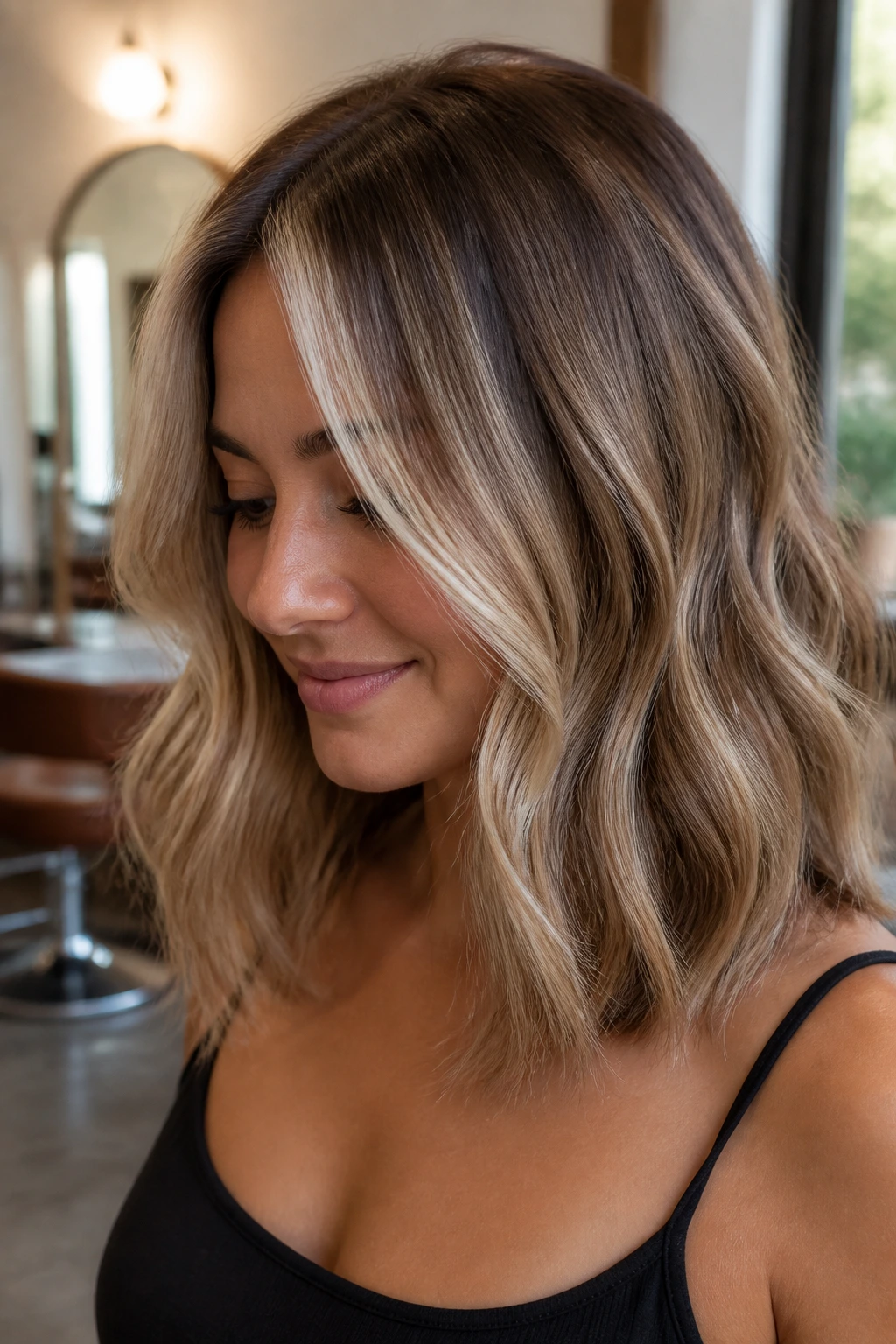 Close-up portrait of a real woman with beige bronde ribbons on medium-length hair in a warm salon.
