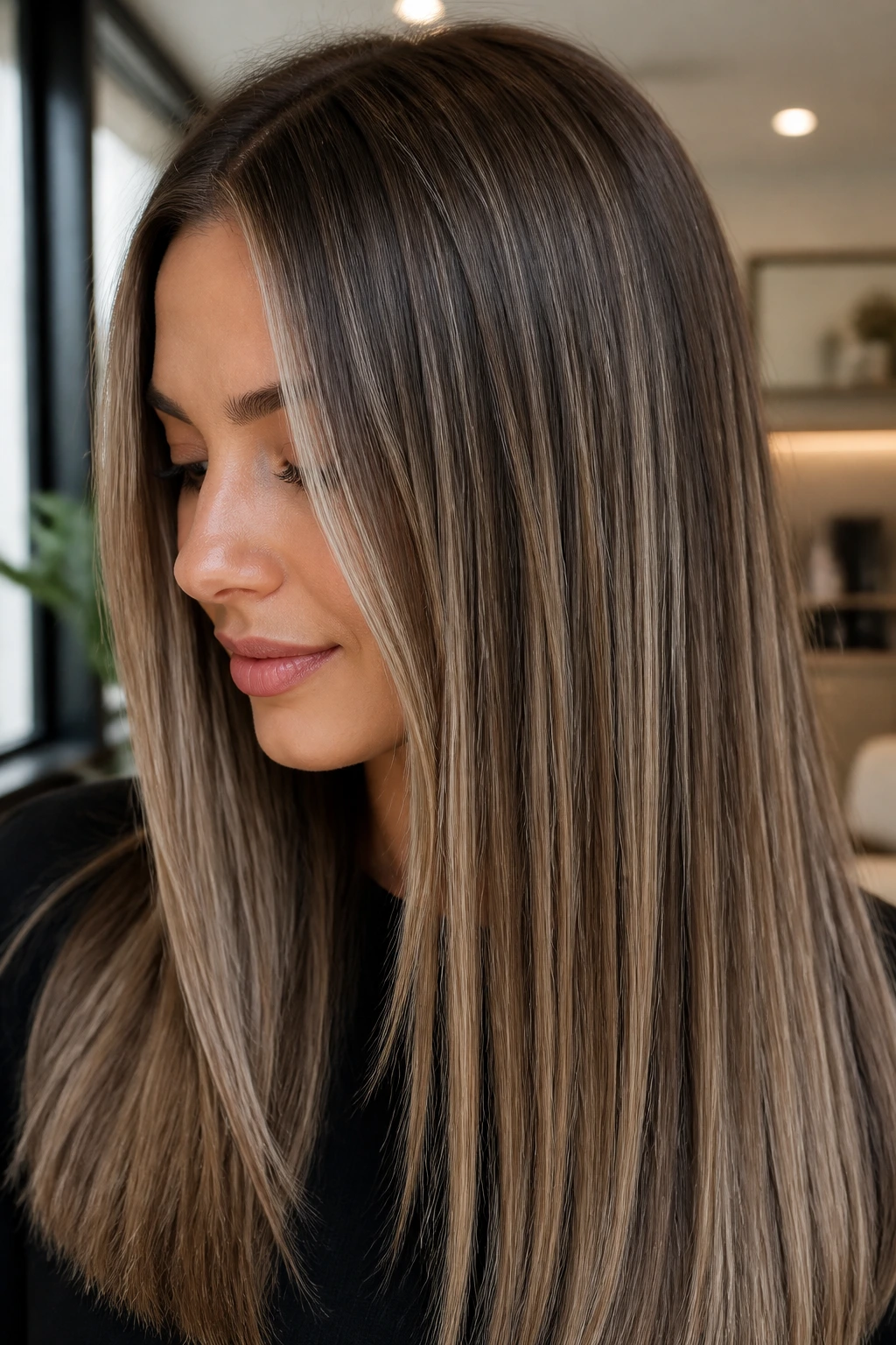 Straight brown hair with beige bronde ribbons for a soft highlight
