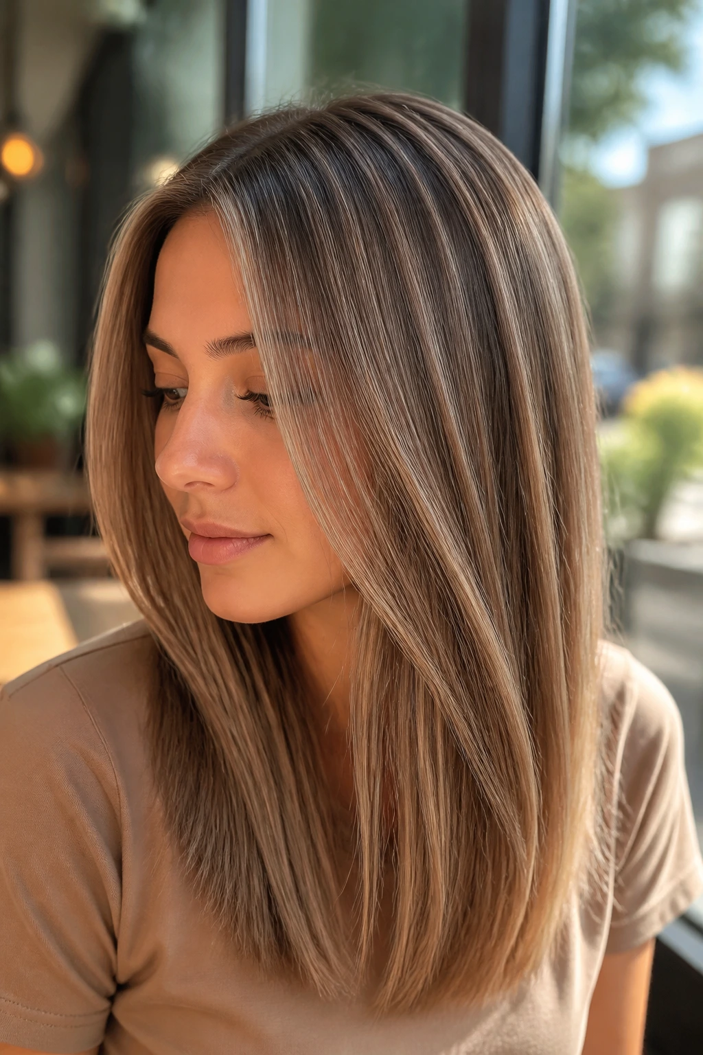 Close-up of a real person with beige bronze ribbon balayage highlights.