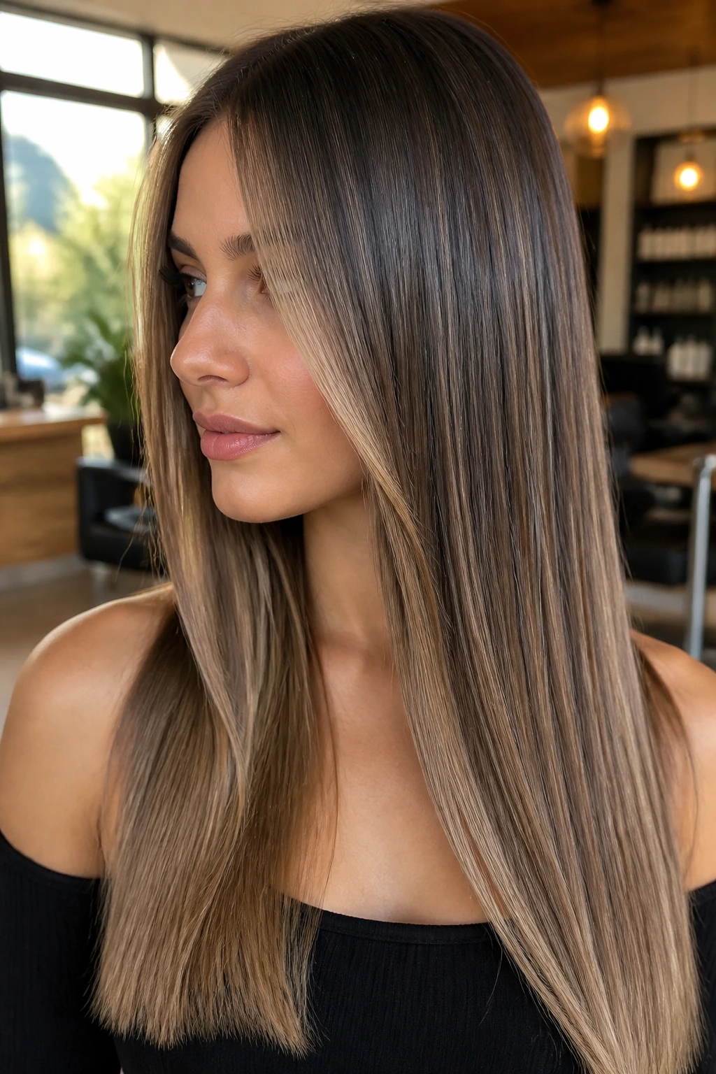 Close-up of a real woman with beige-brown balayage on ultra-straight hair in a sunlit salon