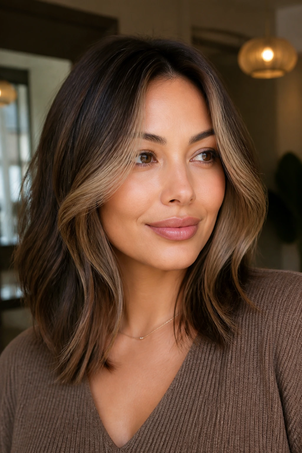 Close-up of beige-brown contour framing the face on medium-length hair