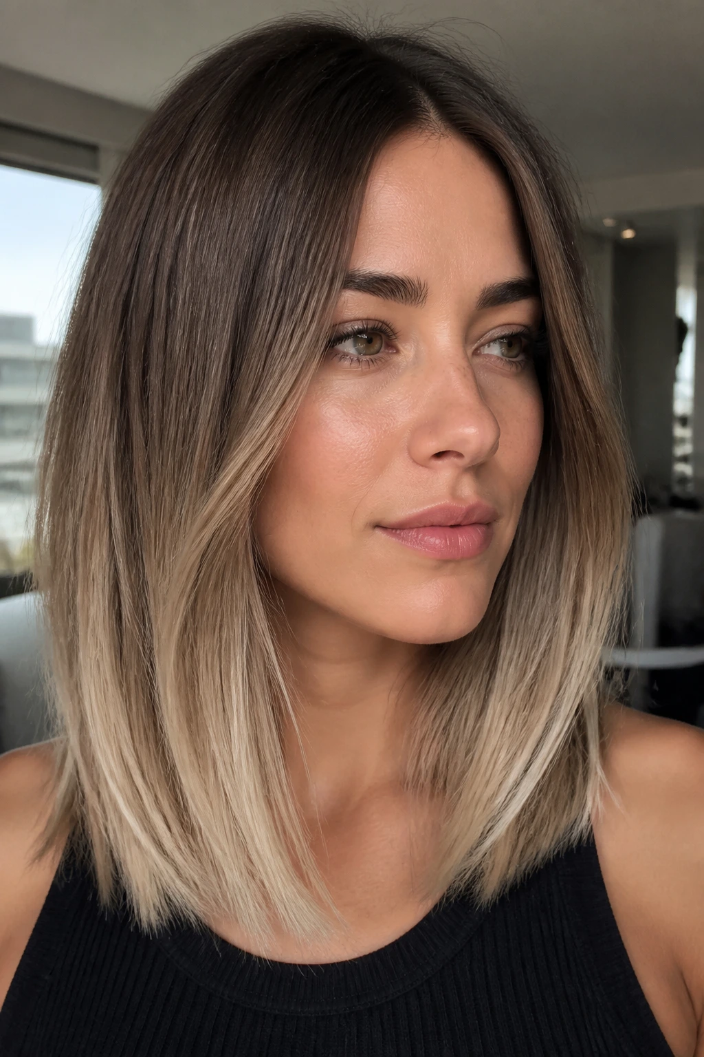 Close-up of beige brown to icy beige tips ombre on medium-length hair