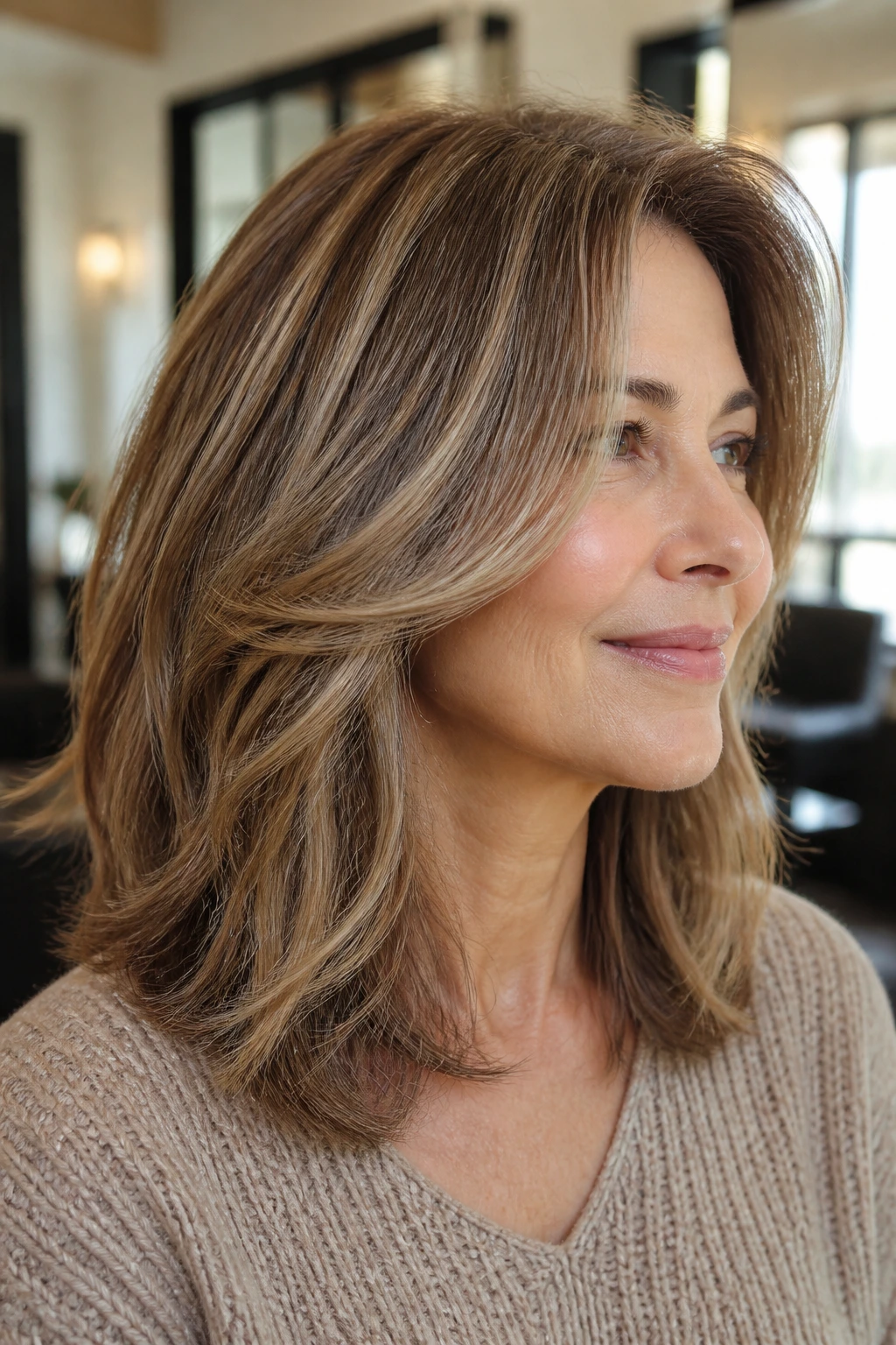 Medium close-up of a real woman with beige brunette base and babylights.