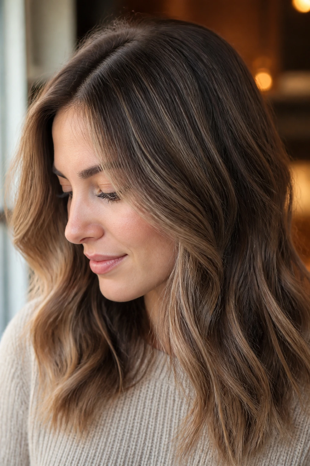 Brunette with soft beige babylights showing subtle texture.