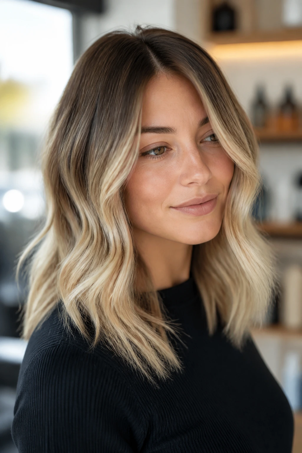 Real person with beige brunette-to-blonde balayage showing seamless transition