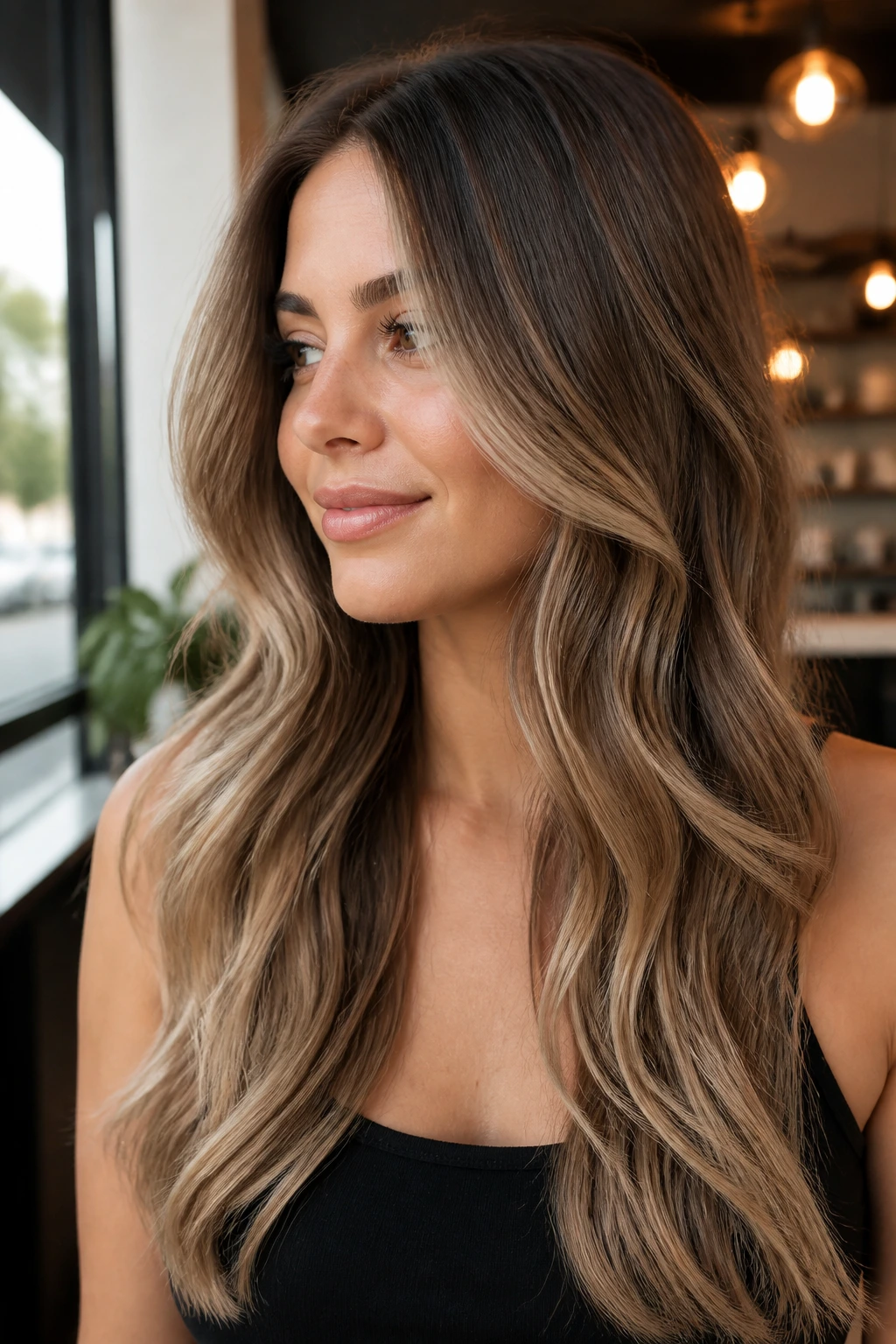 Portrait of a woman with beige brunette balayage and soft movement