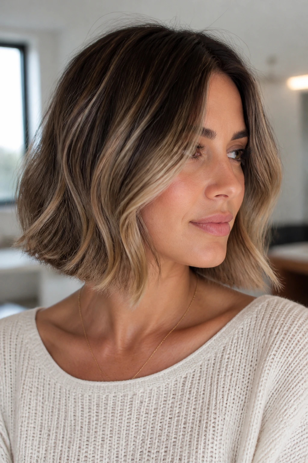 Beige brunette balayage bob with soft ribbons around the front edge