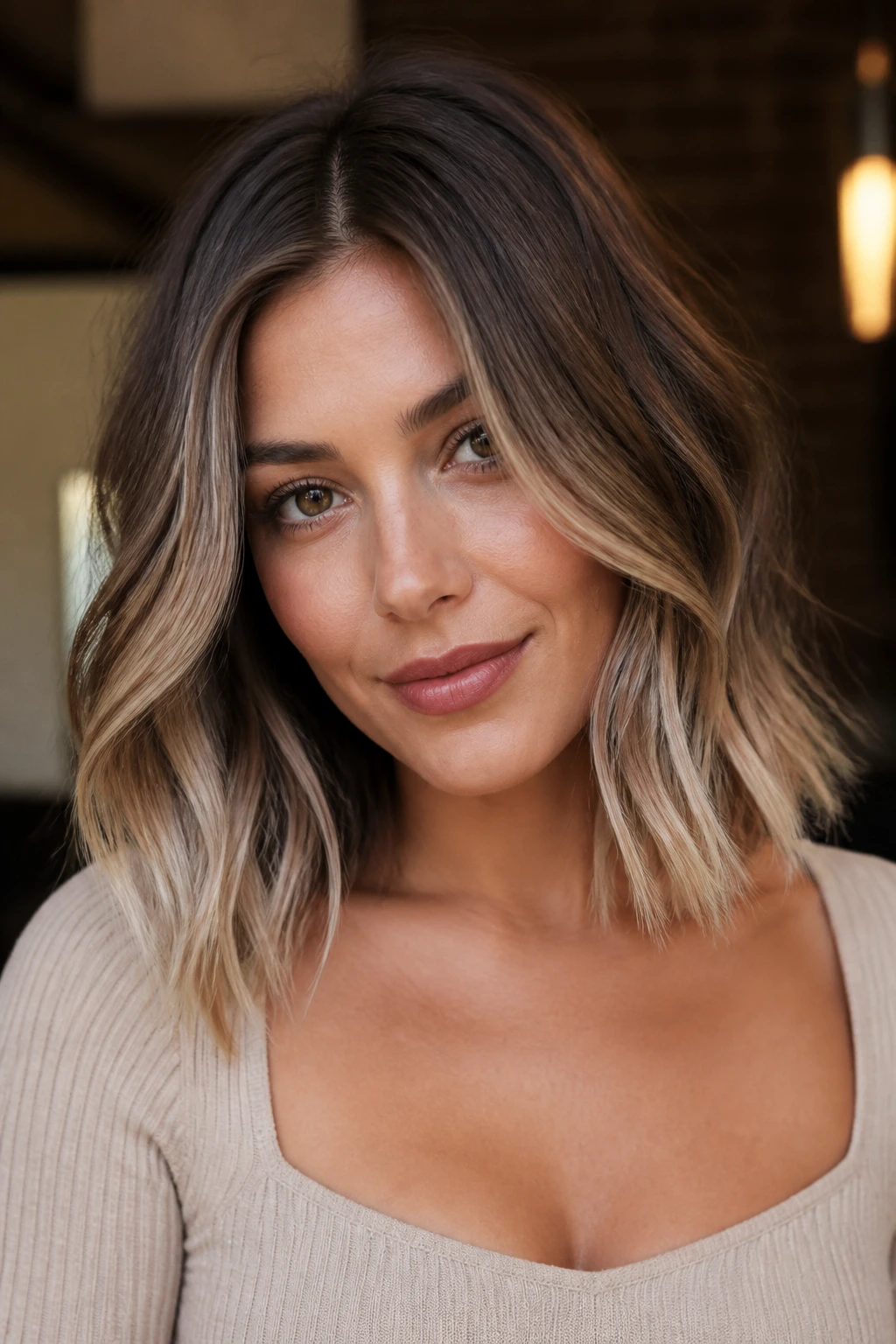 Portrait of beige brunette with bright ends