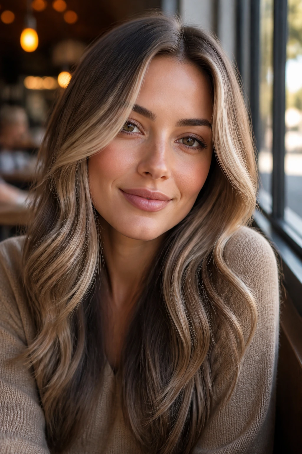 Close-up of a real woman with beige brunette hair and champagne face frame in cafe daylight.