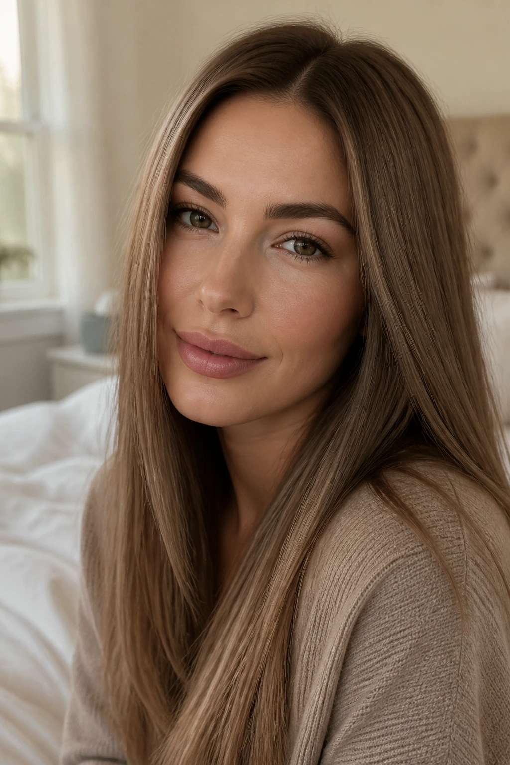 Close-up of real woman with beige brunette straight hair in soft neutral light