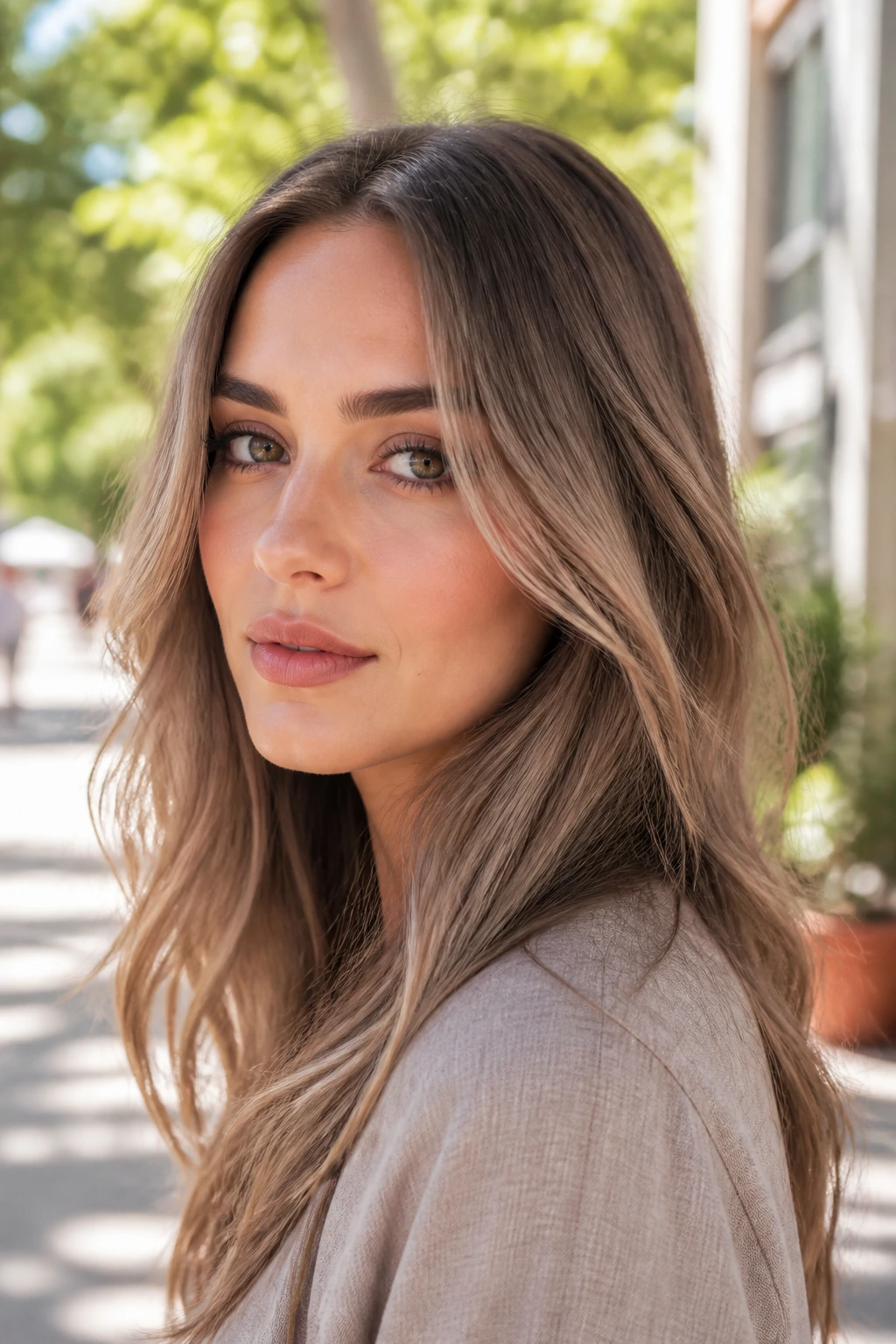 Close-up portrait of Beige Brunette with cool-neutral taupe hair