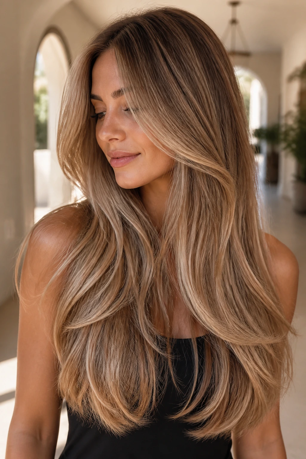 Close-up of a real woman with glossy long layers and beige butter balayage in warm light.