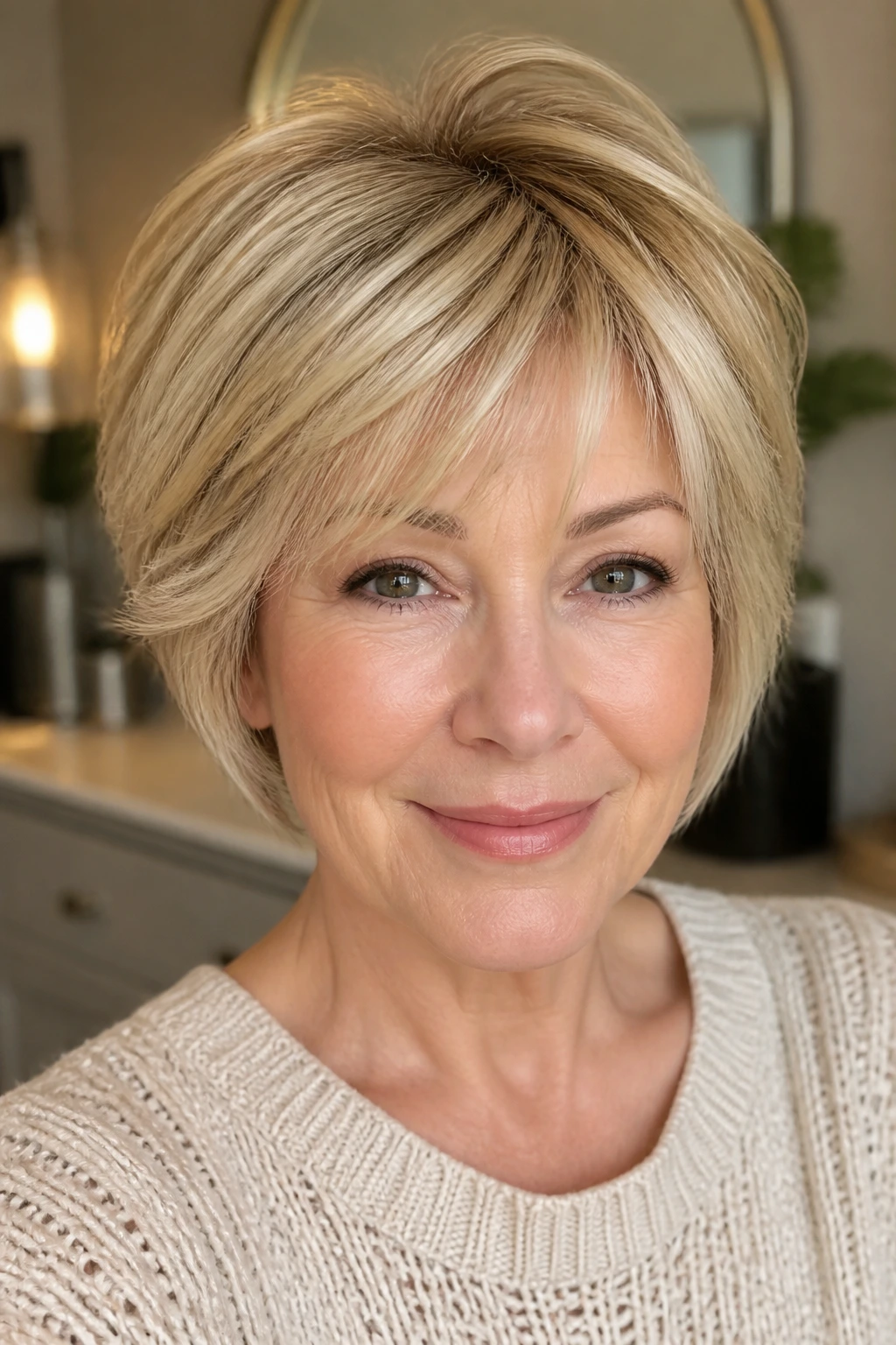 Close-up portrait of a real person with beige and butter blonde tones on fine hair.