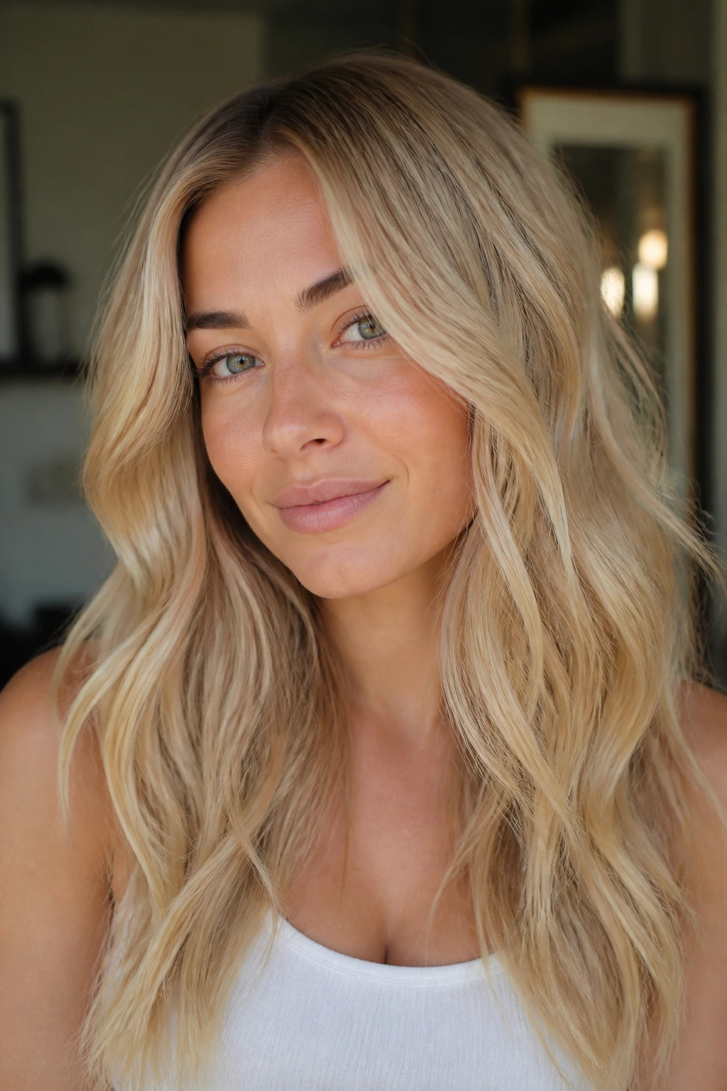 Portrait of woman with beige butter blonde hair in warm light