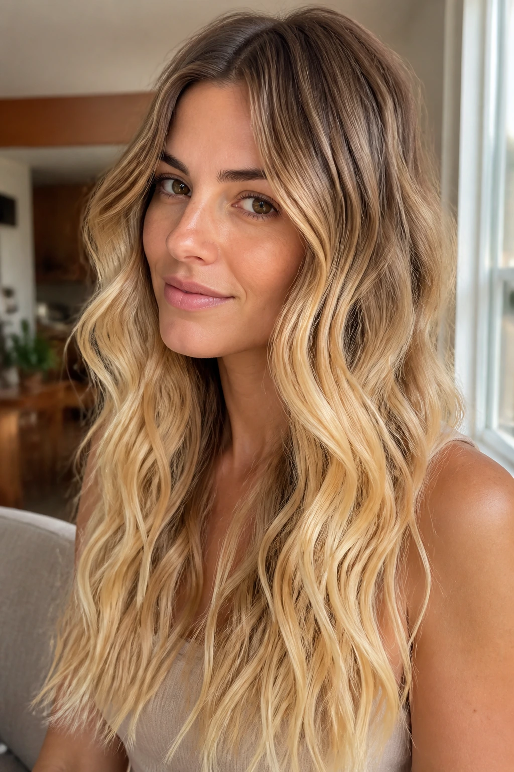 Close-up of a real woman's long wavy hair with beige-to-butter ombré.