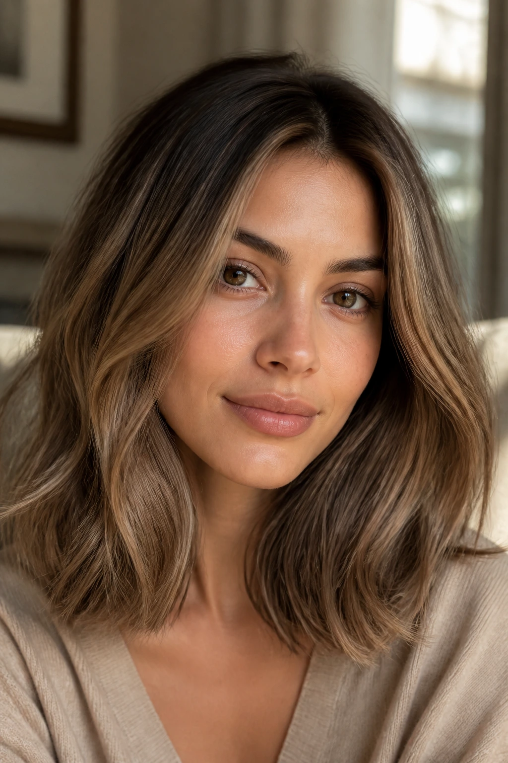 Close-up portrait of a woman with beige caramel bronde hair framing her face
