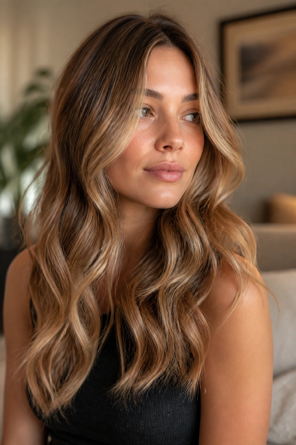 Portrait of a real person with loose waves in beige caramel for soft warmth