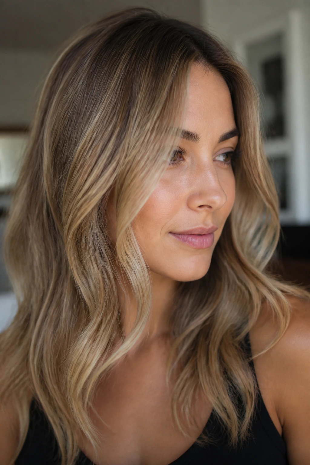 Close-up portrait of a real woman with beige champagne balayage