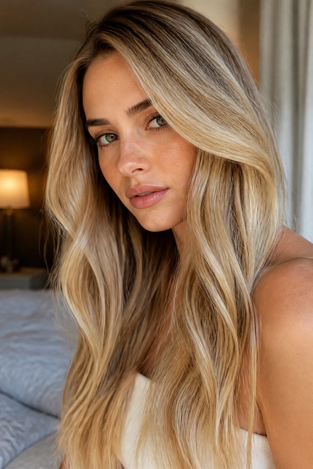 Close-up of long beige champagne honey hair tones on a real person