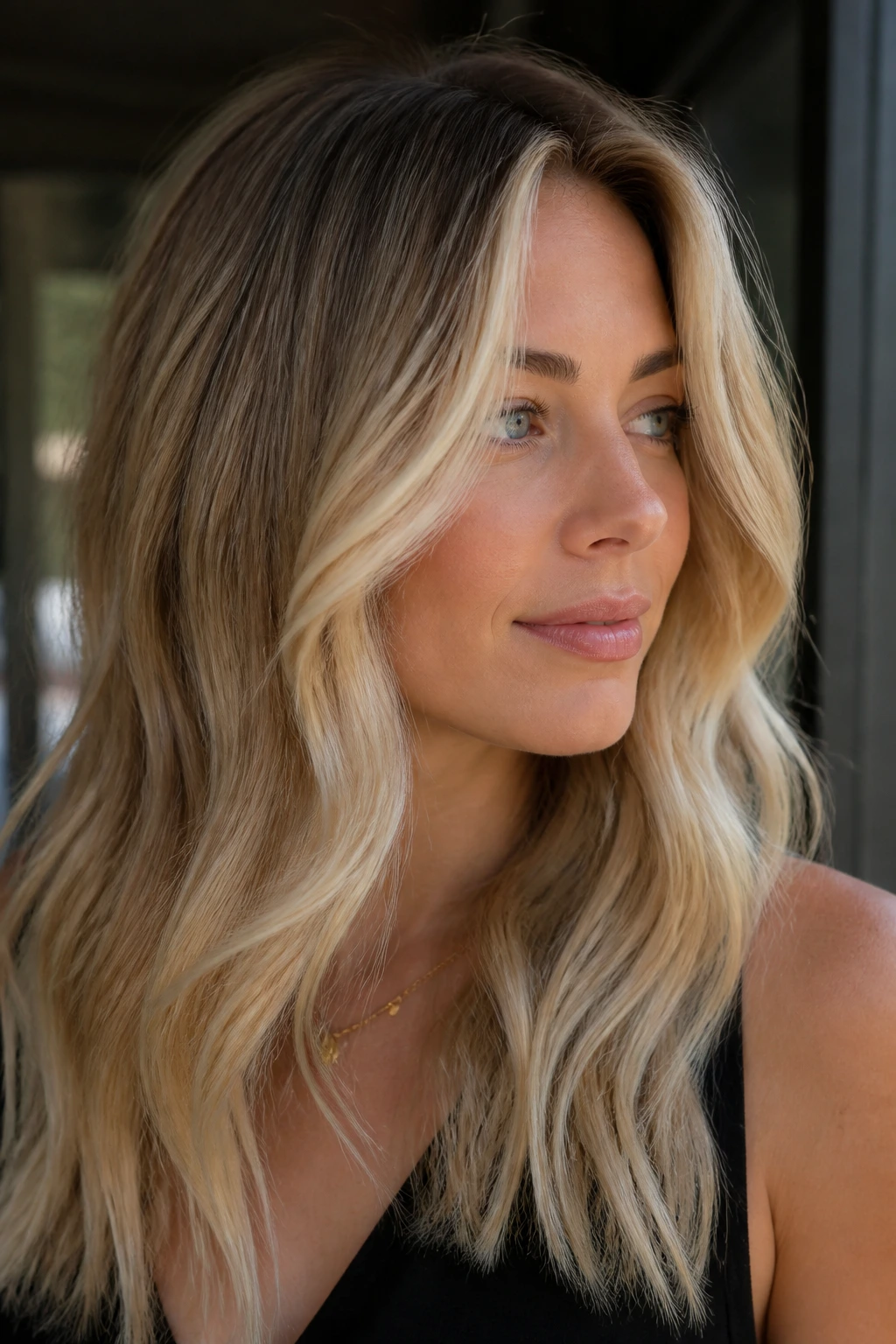 Close-up of beige champagne money piece on soft blonde lengths framing the face