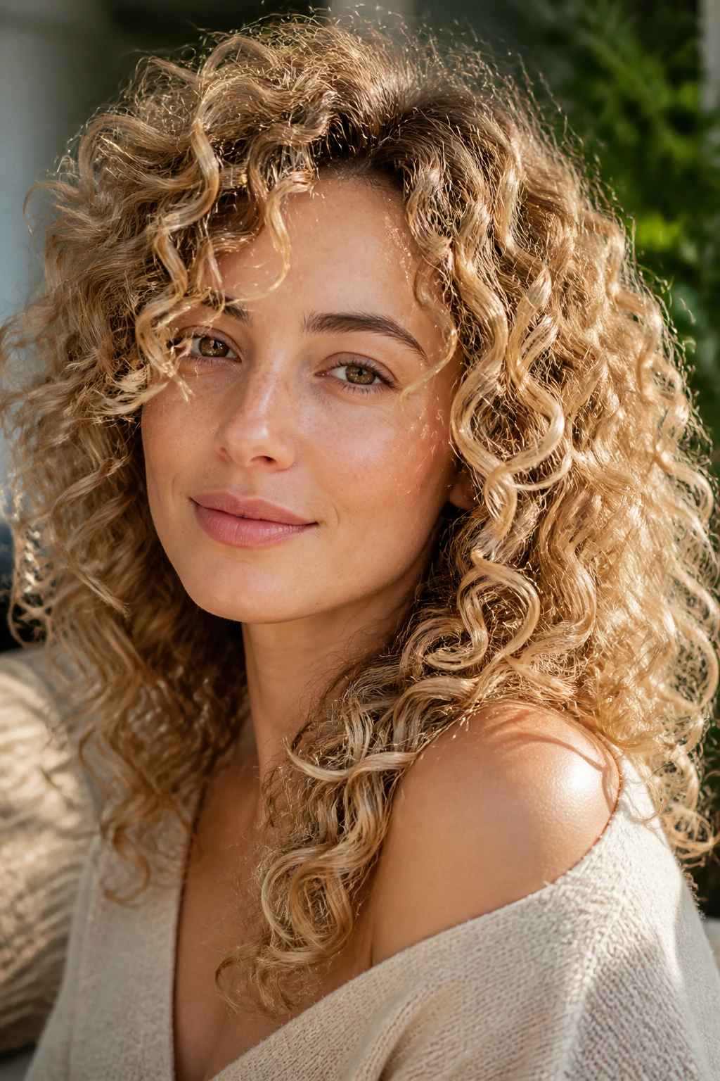 Close-up of a real woman with sunlit beige blonde curls