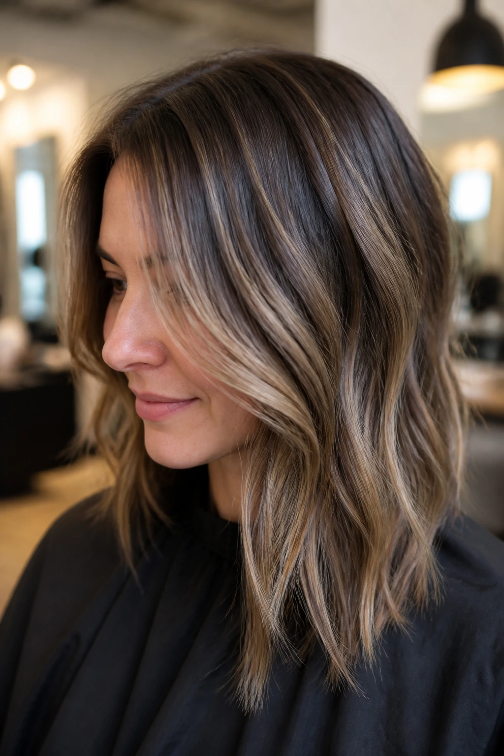 Beige foilayage on thin brunette hair in close portrait