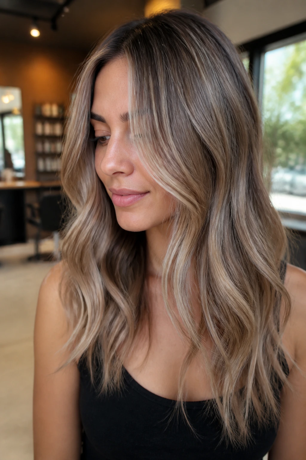 Close-up of a woman with beige foilyage and lifted highlights balanced with the base.
