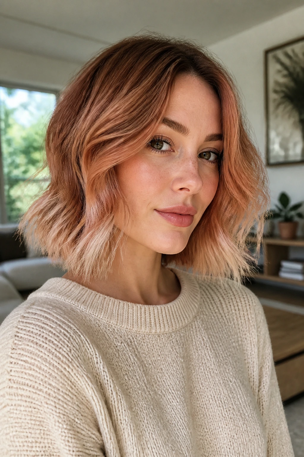 Close-up portrait of a real person with beige ginger lob color and muted copper tones