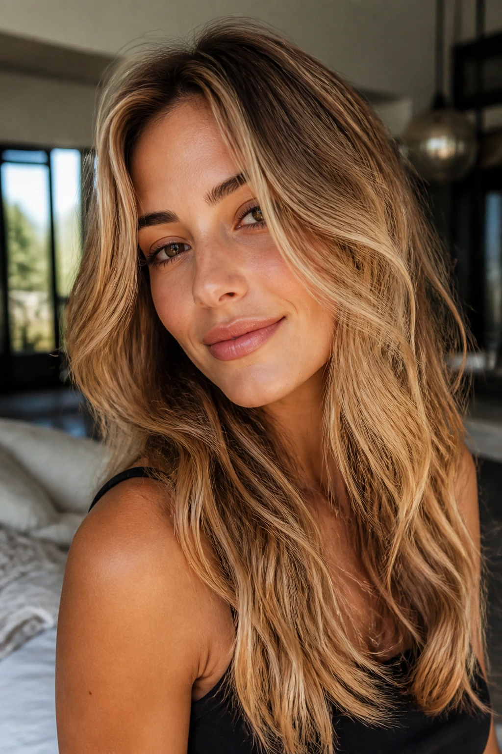 Real woman showing beige gold, caramel mids, and honey ends in warm light.