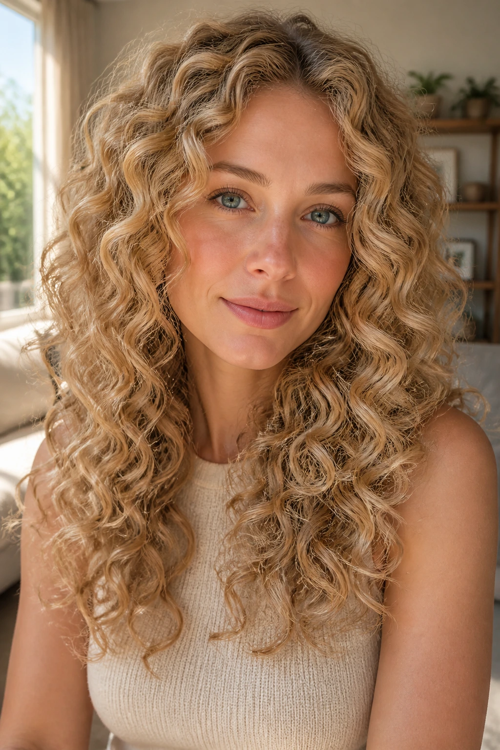 Close-up of beige-gold curly blonde hair with defined ribbons on curls.