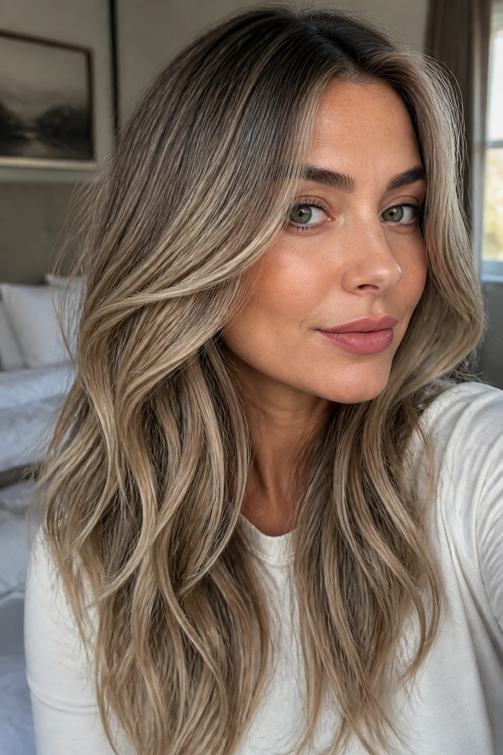 Close-up portrait of a woman with cool beige hair tones.