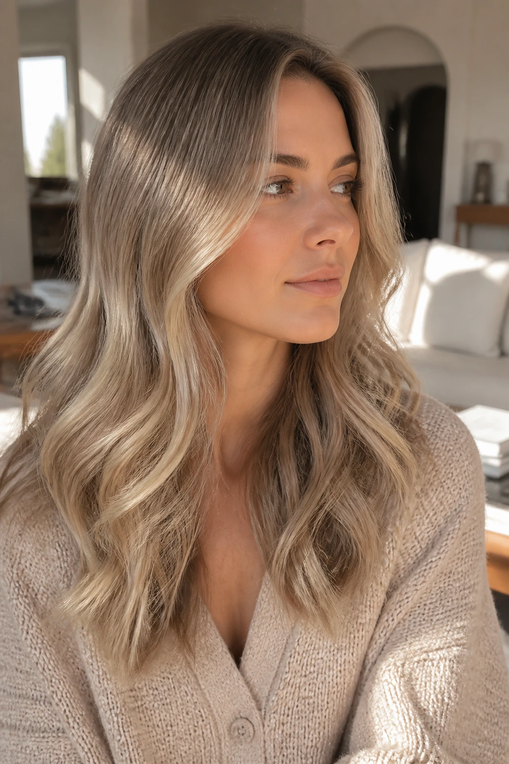 Medium close-up of a real person with glossy beige hair in natural light