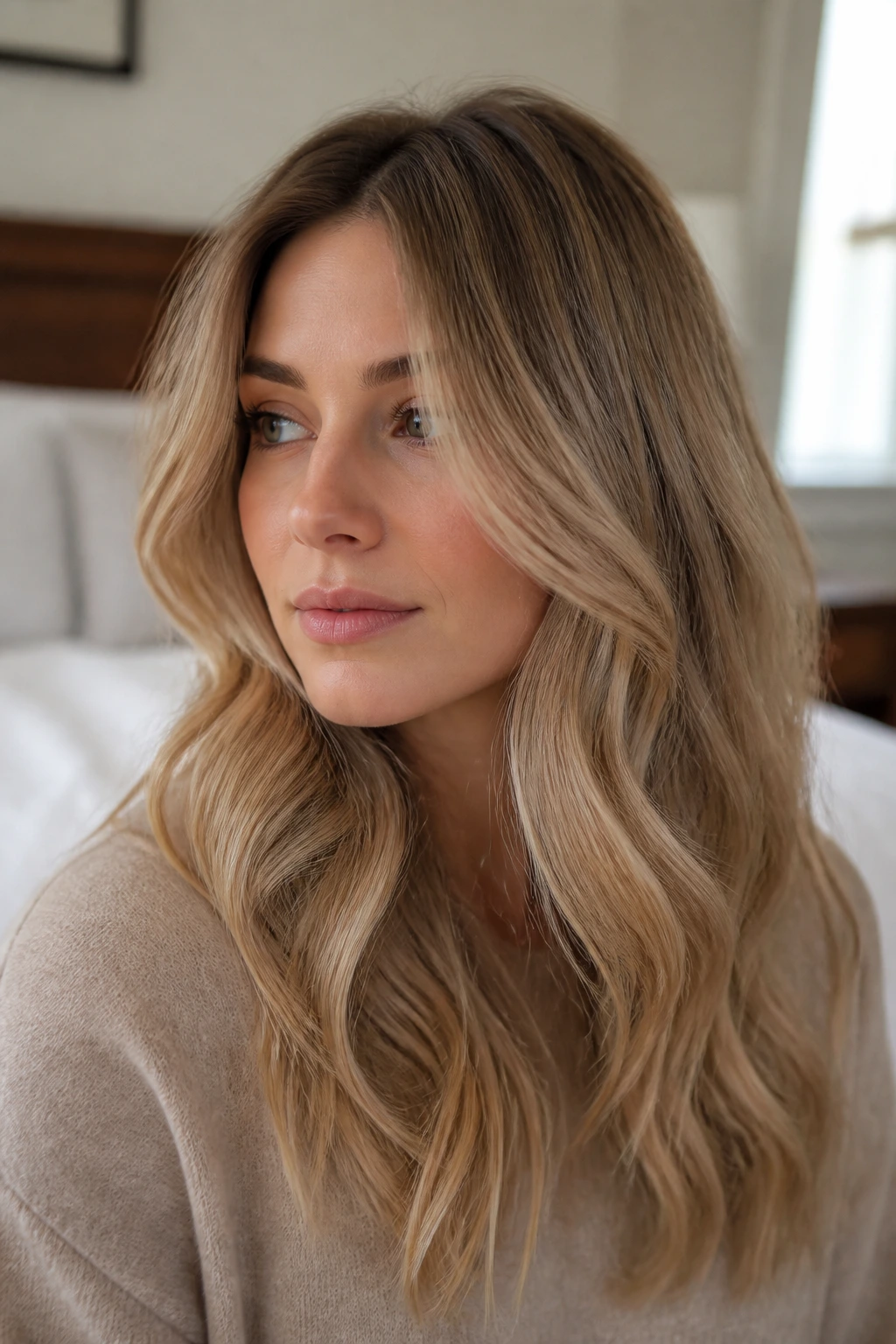 Close-up portrait of a real woman with beige hair in soft waves, showing beige tones