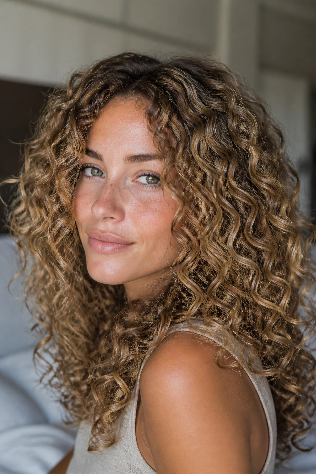 Close-up of beige honey hair on soft brown ringlets in natural window light