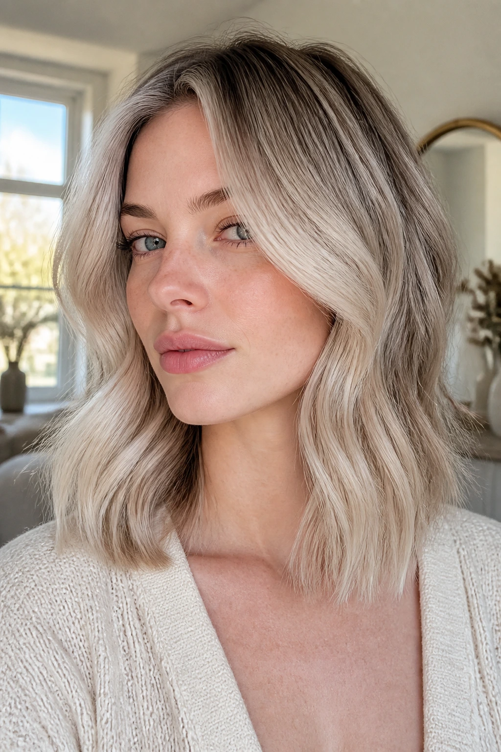 Pale-skinned woman with beige-ice balayage