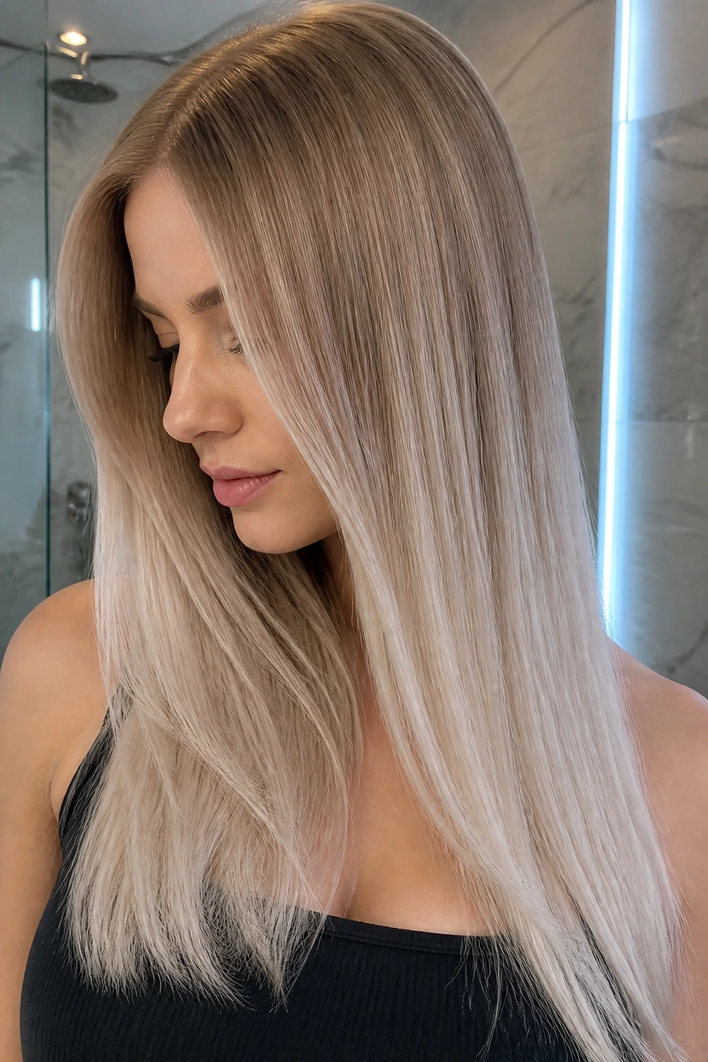 Beige to ice melt gradient on straight hair close-up