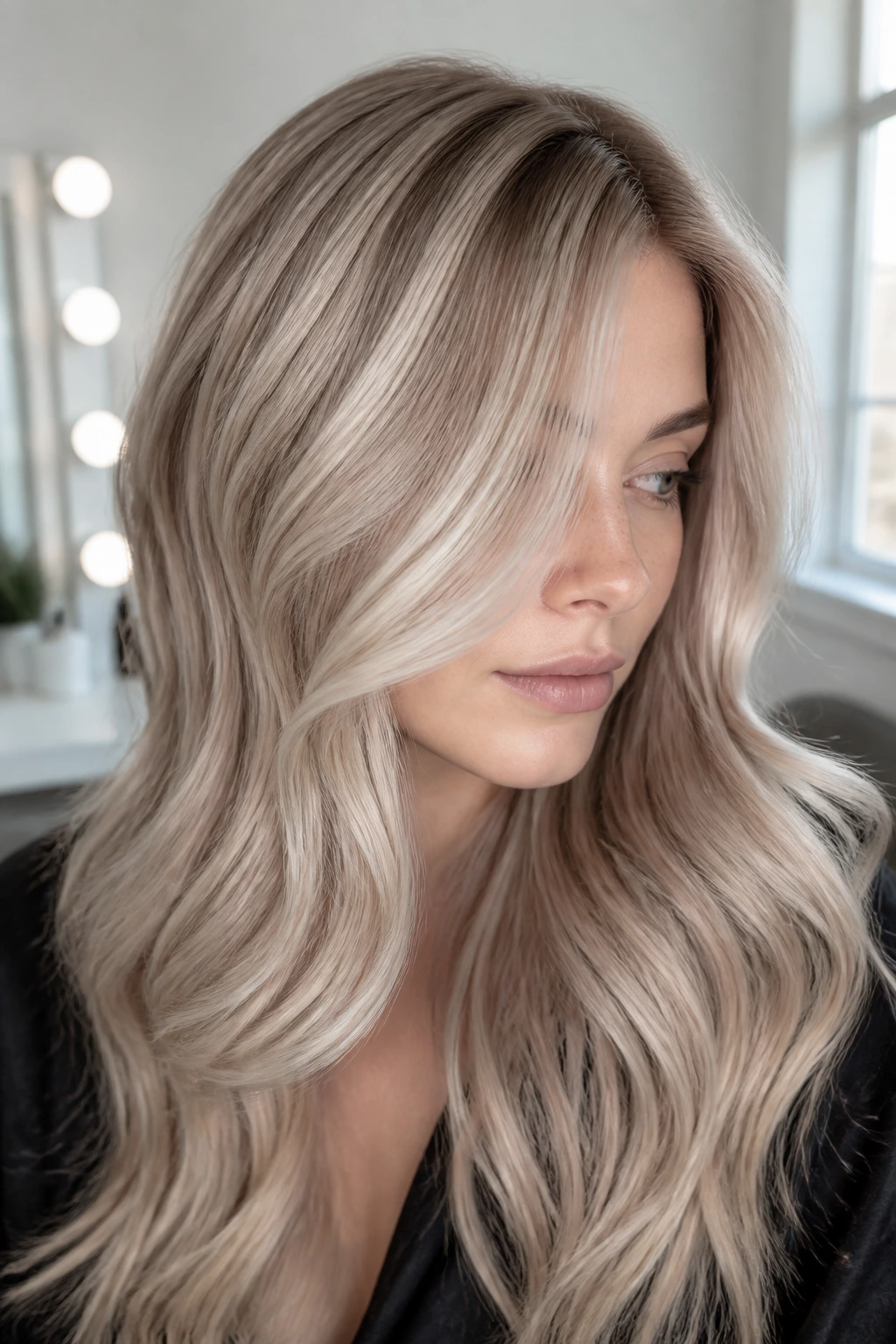 Close-up of beige-icy ash blonde hair with waves.