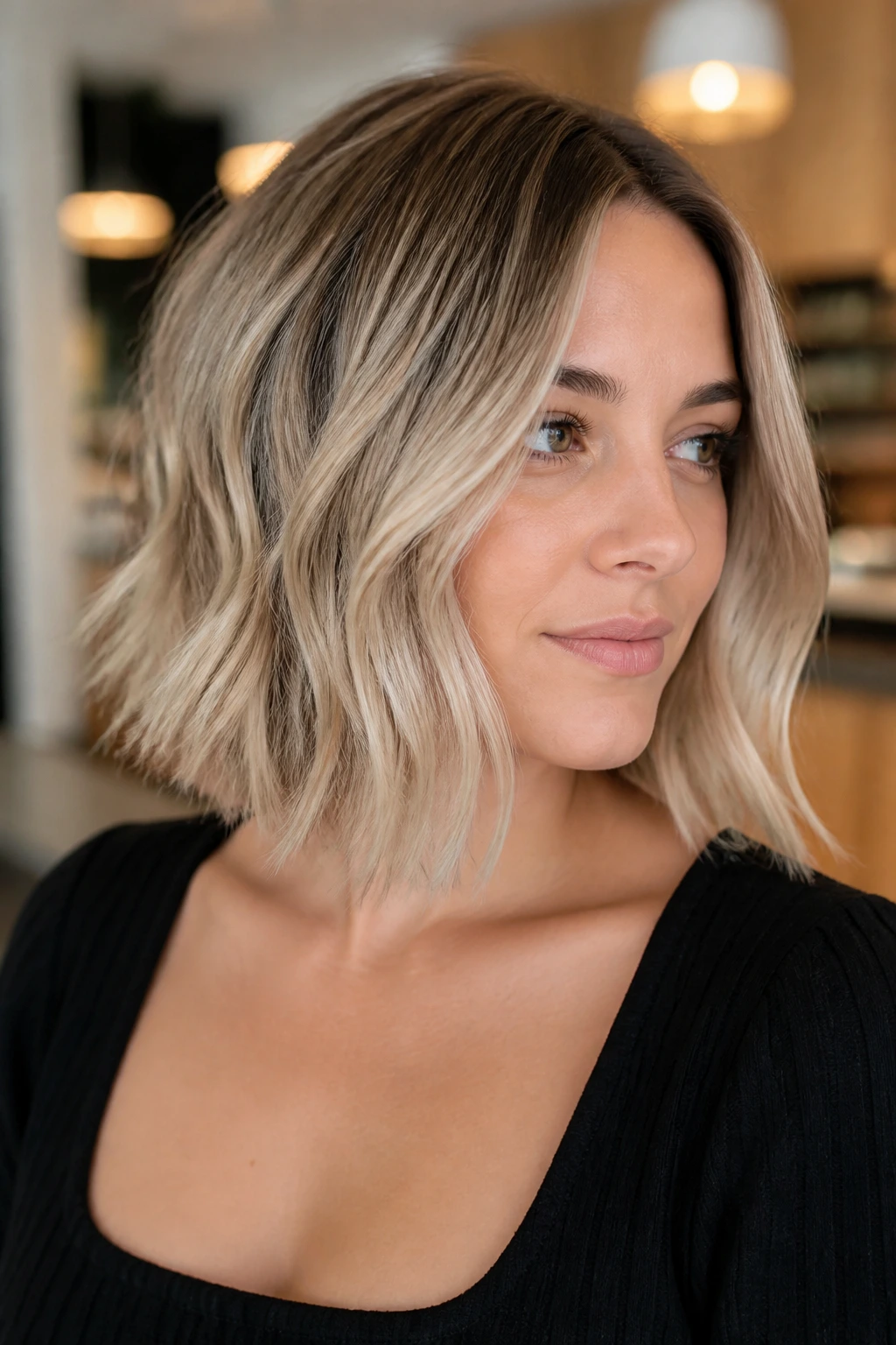 Portrait of a real woman with a lived-in beige lob hairstyle in warm indoor light