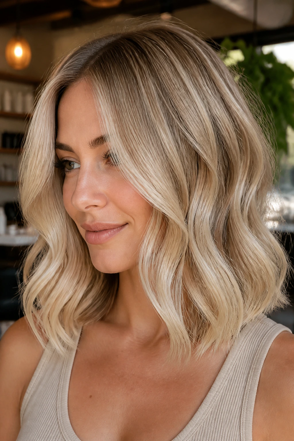 Creamy beige lob with soft waves on a real woman in a warm salon