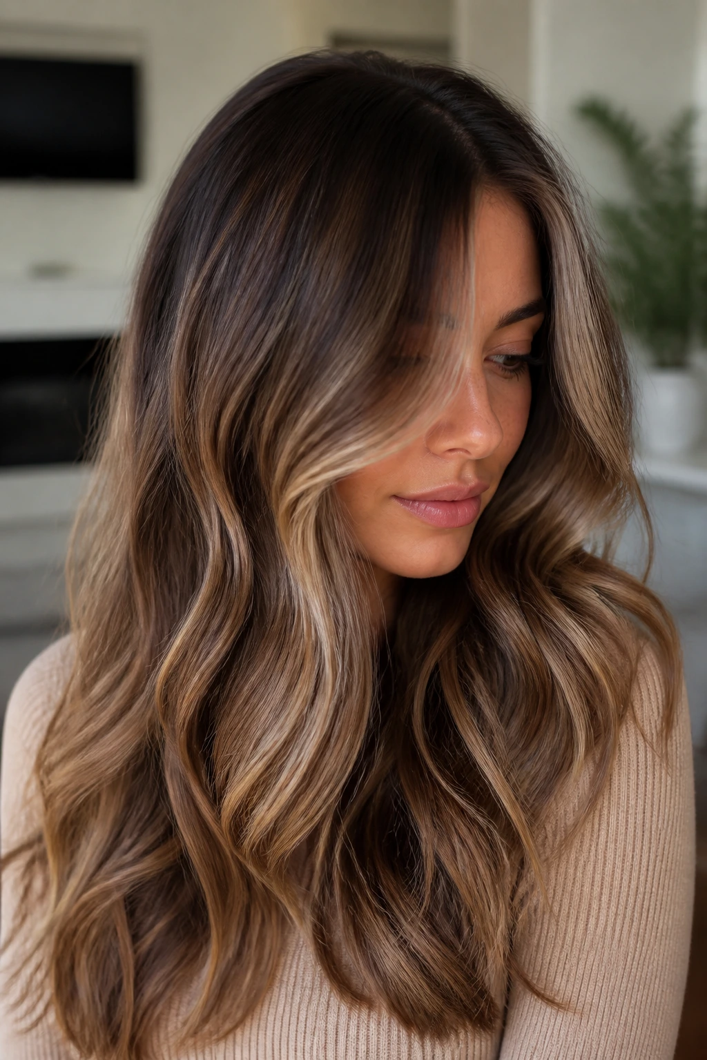 Real woman with beige mocha bronde hair in soft natural light