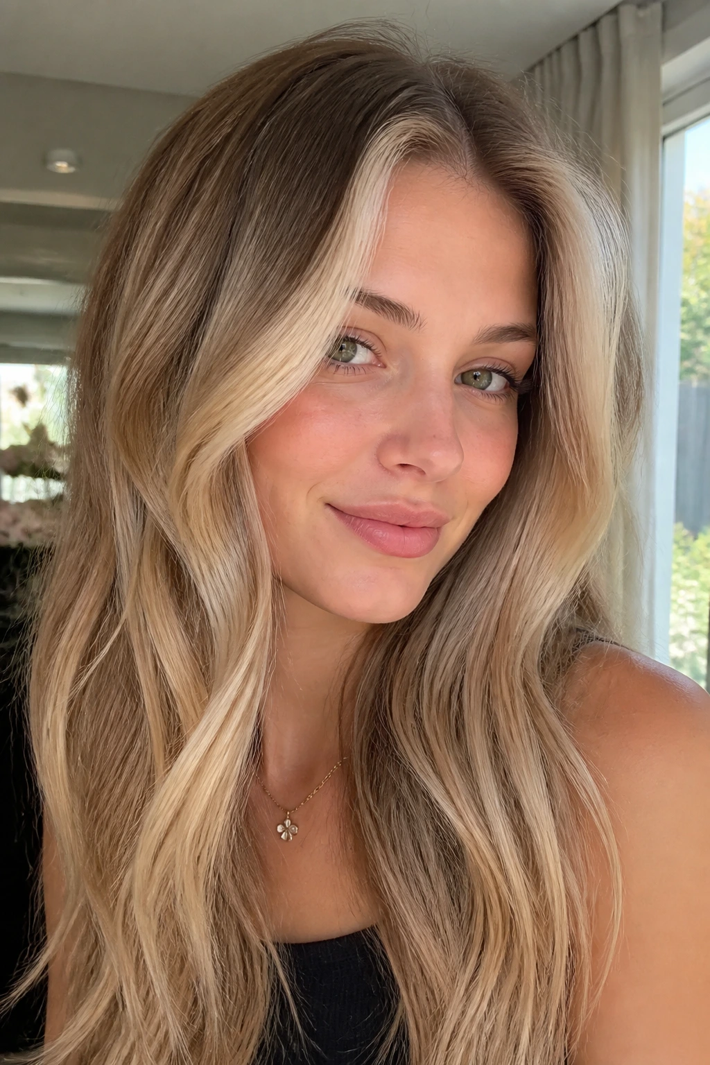 Real woman with beige money piece blonde frame around face