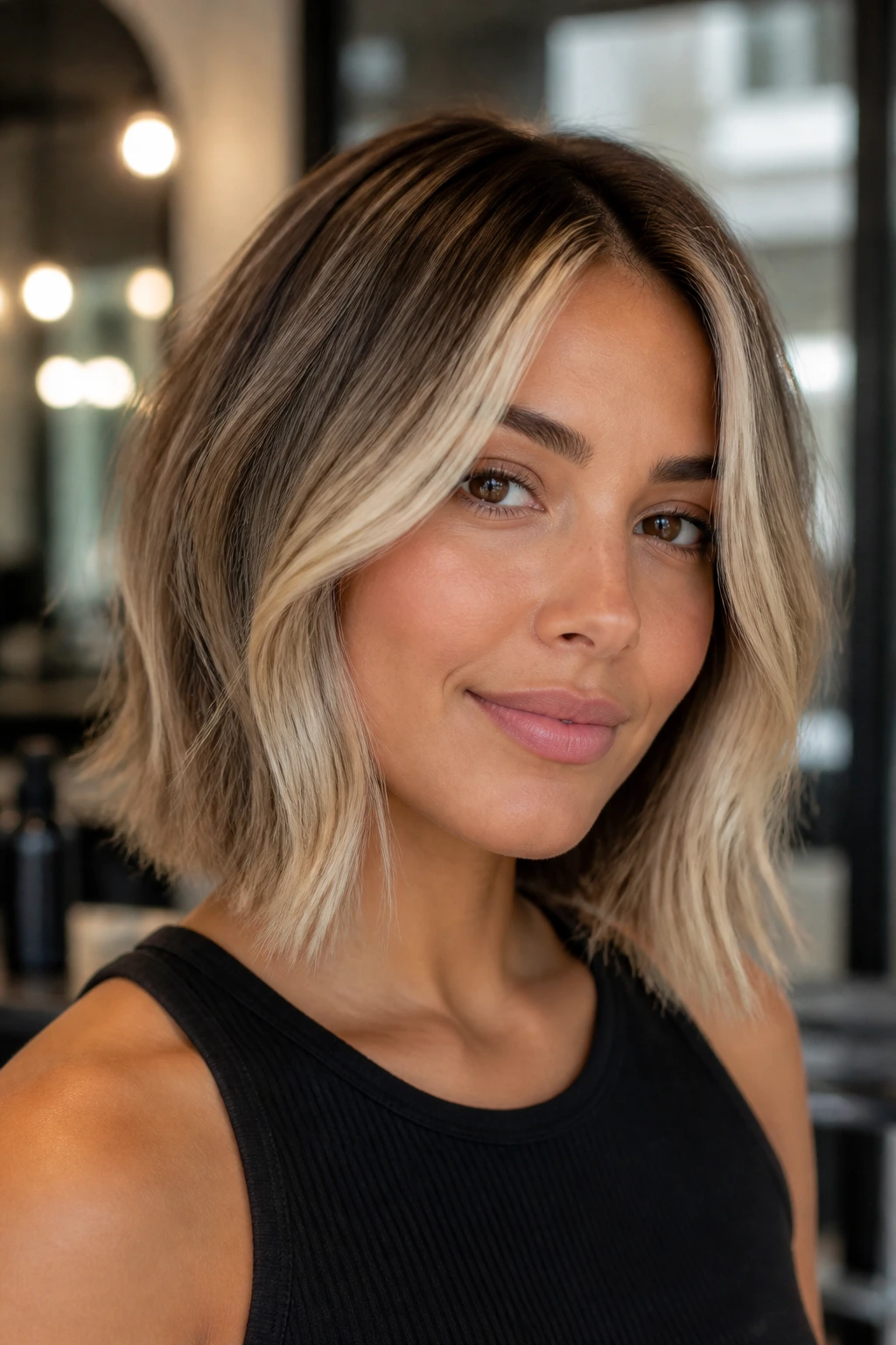 Close-up portrait of a woman with beige money-piece framing a lob haircut in natural salon light