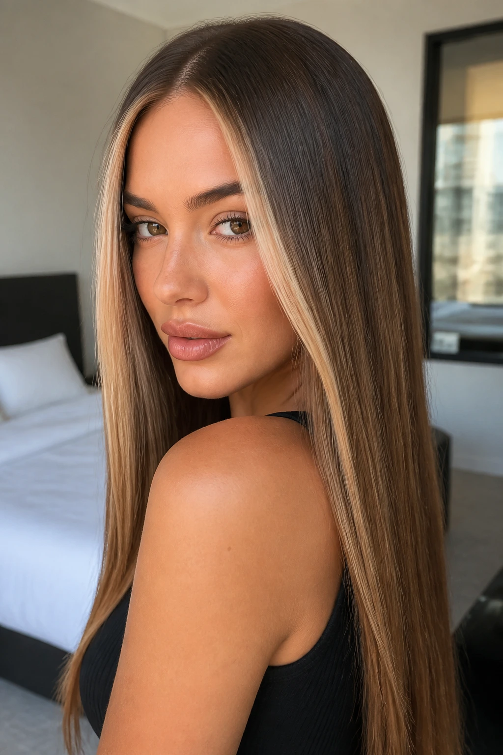Close-up of beige ribbon money piece on long straight hair