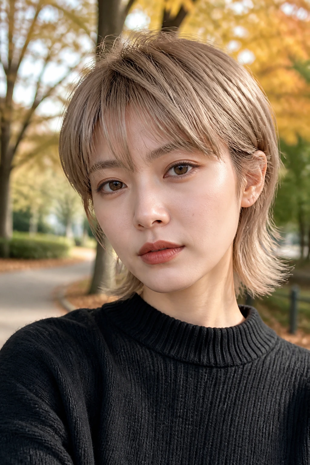 Portrait of Asian woman with soft beige mullet bob in park setting