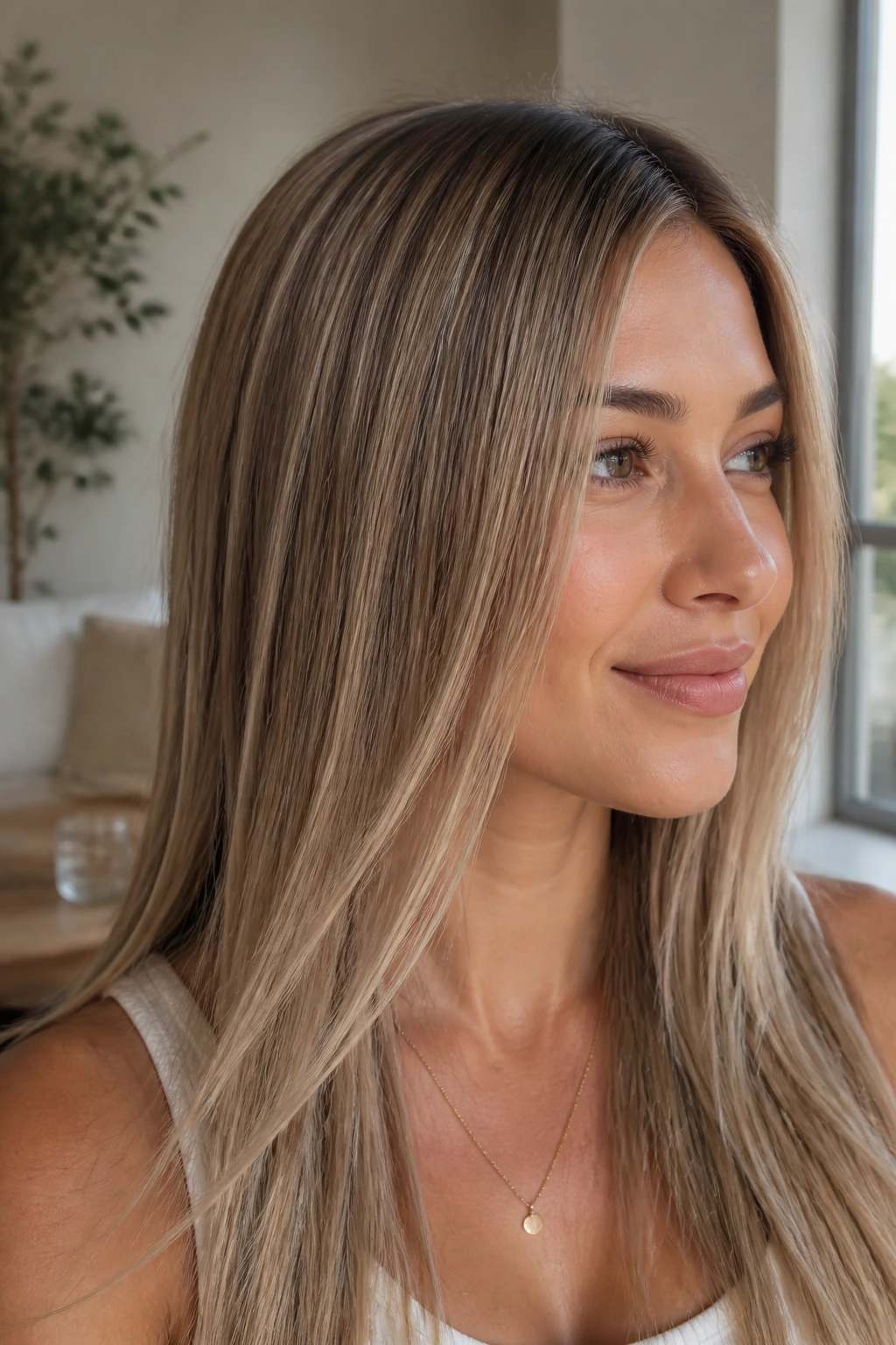 Close-up of real person with beige-on-beige blending on straight hair