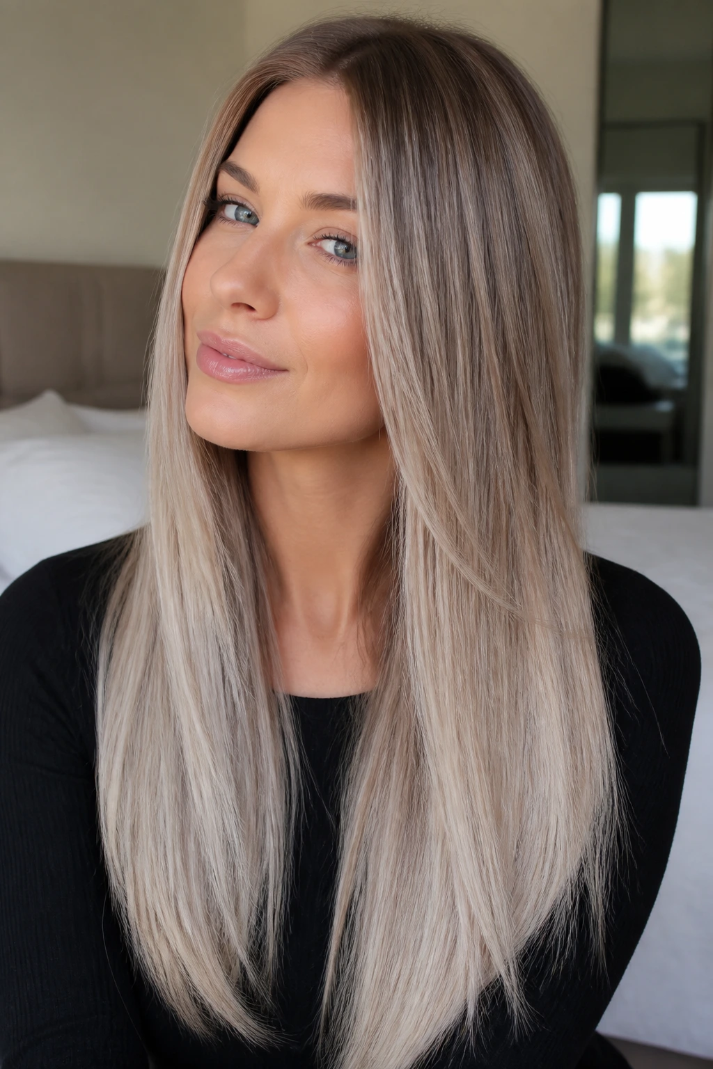 Close-up portrait of a real woman with beige pearl balayage on long straight hair.